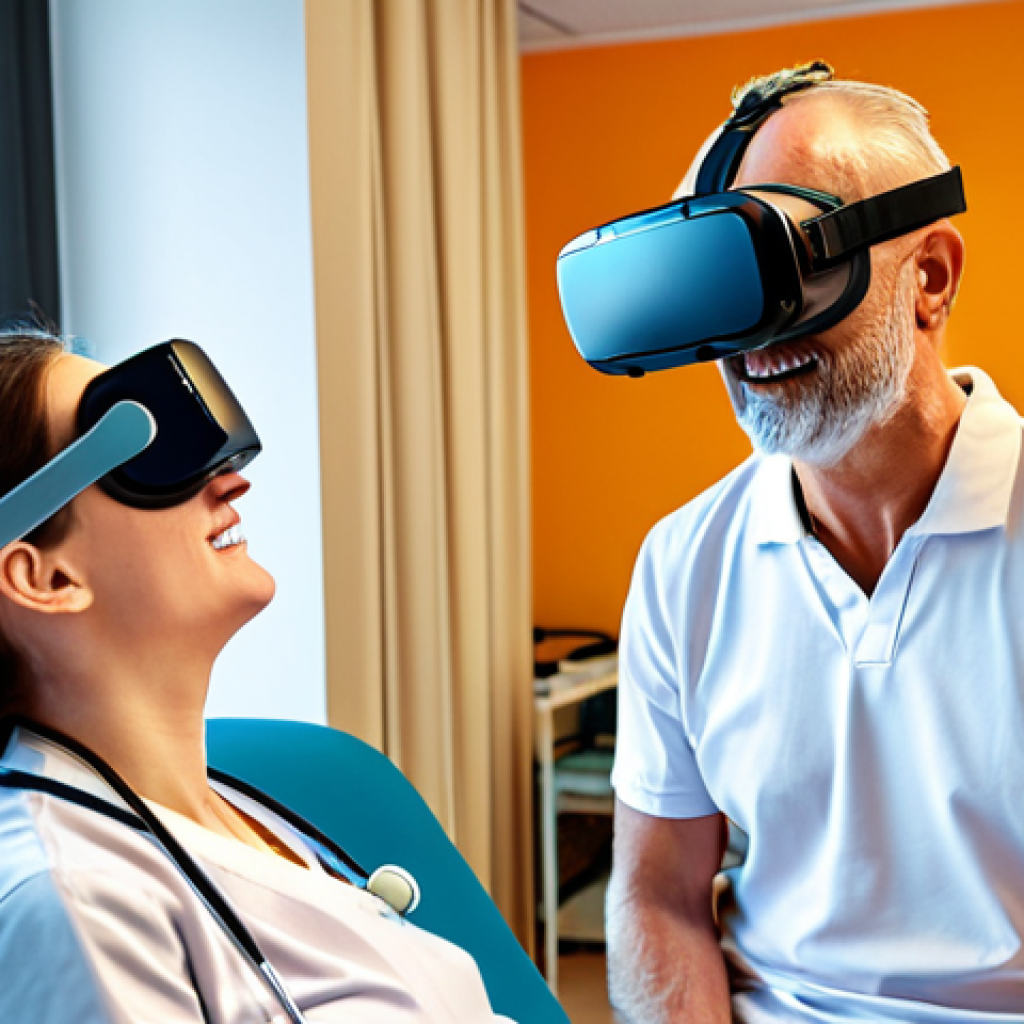 **

A physiotherapy workshop scene. A physiotherapist is enthusiastically demonstrating the use of virtual reality goggles to a patient recovering from a stroke. Other attendees are observing with interest. The setting is a modern rehabilitation center with advanced equipment visible in the background. Focus on the patient's interaction with the VR and the therapist's guidance. Colors should be vibrant and convey a sense of progress and hope.

**