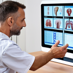 **Prompt:** A professional physiotherapist, 30s-40s, with a compassionate expression, engaging in a tele-rehabilitation session with a patient visible on a large, interactive digital screen. The therapist holds a tablet displaying real-time patient data and AI-driven insights, demonstrating integrated technology. The setting is a modern, brightly lit physiotherapy clinic with clean lines and subtle, advanced medical equipment in the background, conveying innovation, trust, and the seamless blend of digital tools with personalized human care.