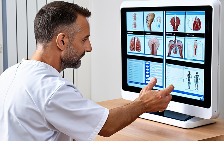 **Prompt:** A professional physiotherapist, 30s-40s, with a compassionate expression, engaging in a tele-rehabilitation session with a patient visible on a large, interactive digital screen. The therapist holds a tablet displaying real-time patient data and AI-driven insights, demonstrating integrated technology. The setting is a modern, brightly lit physiotherapy clinic with clean lines and subtle, advanced medical equipment in the background, conveying innovation, trust, and the seamless blend of digital tools with personalized human care.