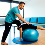 A professional physiotherapist, fully clothed in clean medical attire, guides a patient, fully clothed in modest athletic wear, through a gentle rehabilitation exercise using a balance ball. The scene is set in a bright, modern physiotherapy clinic with natural light, emphasizing functional recovery and active participation. This image ensures appropriate content, safe for work, perfect anatomy, correct proportions, natural pose, well-formed hands, proper finger count, and natural body proportions, presented with professional photography and high quality.