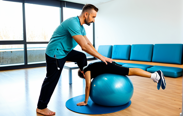 A professional physiotherapist, fully clothed in clean medical attire, guides a patient, fully clothed in modest athletic wear, through a gentle rehabilitation exercise using a balance ball. The scene is set in a bright, modern physiotherapy clinic with natural light, emphasizing functional recovery and active participation. This image ensures appropriate content, safe for work, perfect anatomy, correct proportions, natural pose, well-formed hands, proper finger count, and natural body proportions, presented with professional photography and high quality.