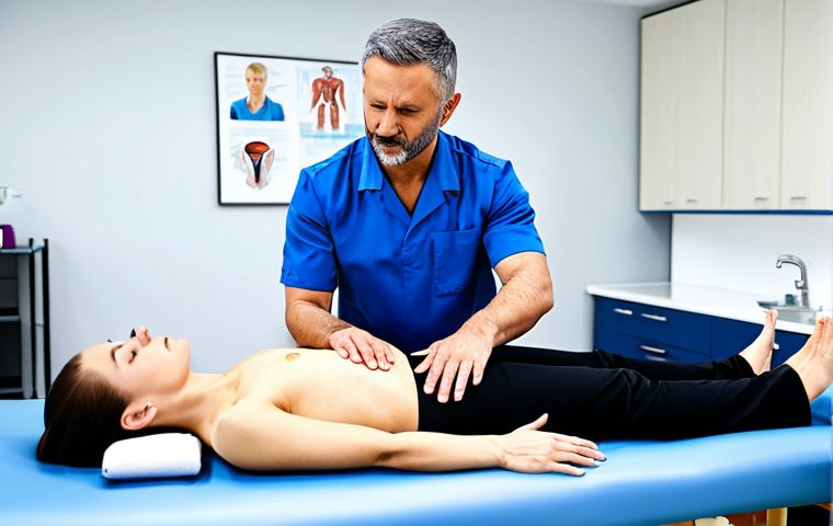 **

"A physiotherapist, fully clothed in professional attire, demonstrating a palpation technique on a patient's trapezius muscle. The patient is lying comfortably on a physiotherapy bed. The setting is a bright and clean clinic room. Perfect anatomy, correct proportions, well-formed hands, proper finger count, natural pose, safe for work, appropriate content, professional, modest, family-friendly."

**