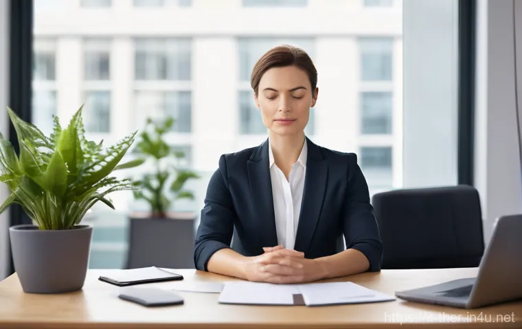 물리치료사의 건강 관리 루틴 - **Prompt 1: Mindful Office Micro-Break**
"A female physiotherapist in her late 30s, with short b...
