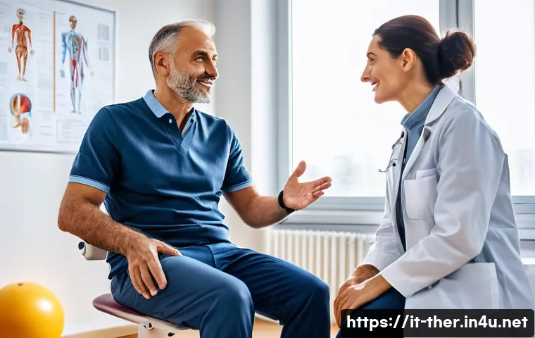 물리치료사의 직업 윤리 - A professional physiotherapist in a modern Italian clinic, wearing a clean, well-fitted uniform and ...