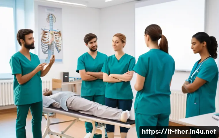 물리치료사 전문성과 학위 - A modern Italian university classroom scene showing a diverse group of physiotherapy students engage...