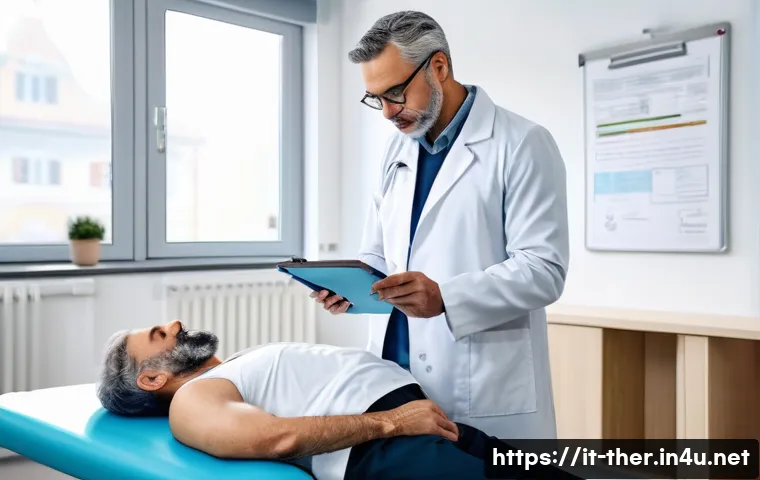 물리치료사의 의료법 상식 - A professional Italian physiotherapist in a modern private clinic, wearing clean, professional attir...