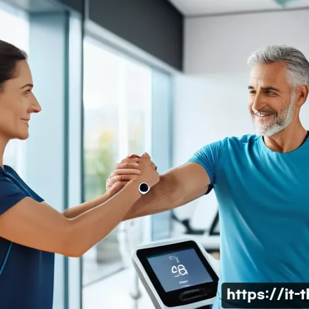 물리치료사의 최신 기술 도입 사례 - A modern physiotherapy clinic scene featuring a professional physiotherapist assisting a middle-aged...