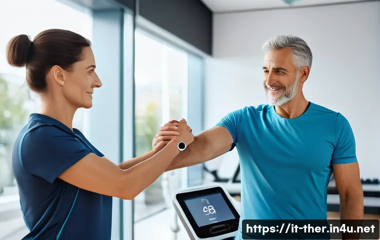 물리치료사의 최신 기술 도입 사례 - A modern physiotherapy clinic scene featuring a professional physiotherapist assisting a middle-aged...