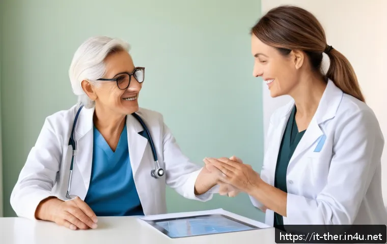 물리치료사의 환자 의사소통 기술 - A warm and professional medical consultation room in Italy, featuring a friendly middle-aged female ...