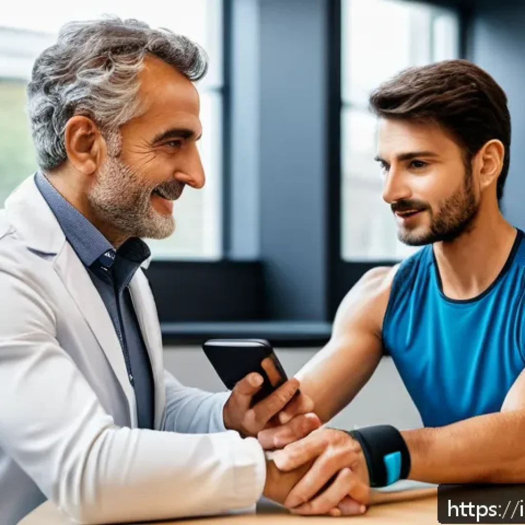 물리치료사의 고급 임상 기술 - A modern physical therapy clinic scene showing a middle-aged Italian patient wearing smart wearable ...