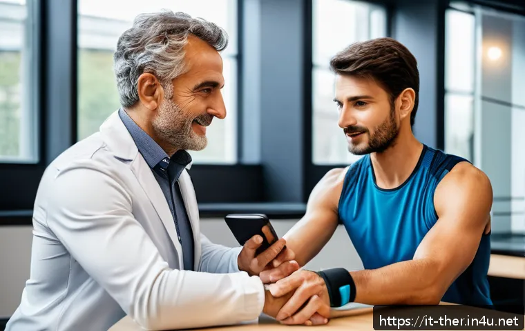 물리치료사의 고급 임상 기술 - A modern physical therapy clinic scene showing a middle-aged Italian patient wearing smart wearable ...