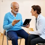 물리치료사의 운동 지침 제작법 - A professional physiotherapist conducting an initial patient assessment in a modern clinic setting i...