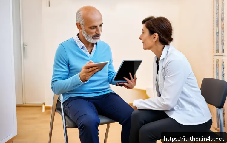 물리치료사의 운동 지침 제작법 - A professional physiotherapist conducting an initial patient assessment in a modern clinic setting i...