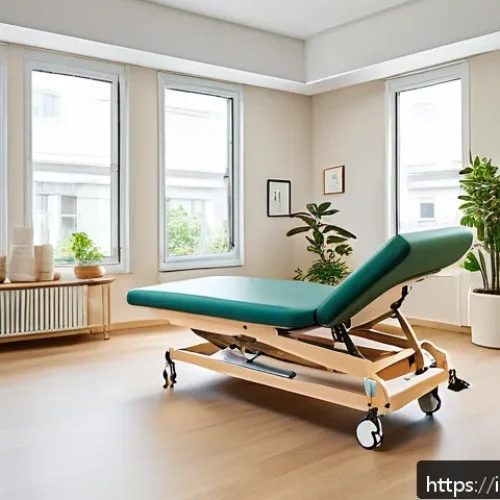 물리치료사의 물리적 환경 최적화 - A modern physiotherapy clinic interior featuring an ergonomic workspace layout: a sleek adjustable t...