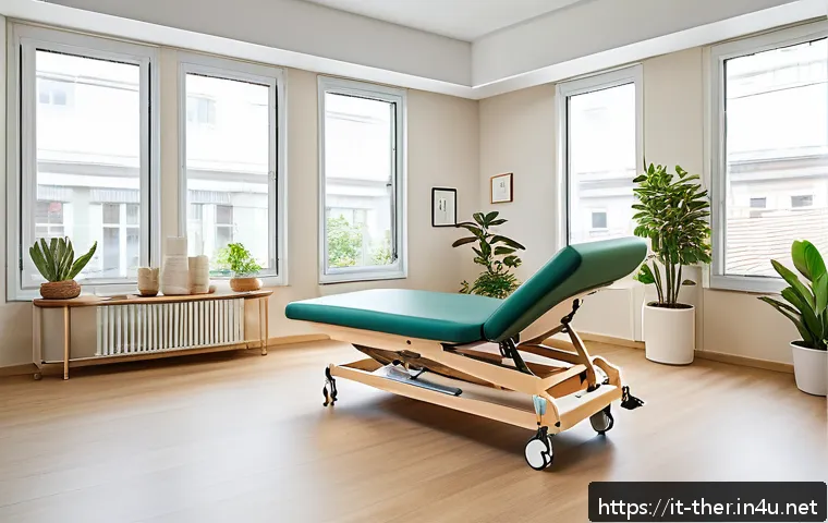 물리치료사의 물리적 환경 최적화 - A modern physiotherapy clinic interior featuring an ergonomic workspace layout: a sleek adjustable t...