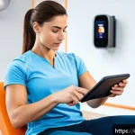 물리치료 실무에서 사용하는 장비 - A modern physiotherapy clinic in Italy featuring a patient wearing smart wearable sensors on limbs a...