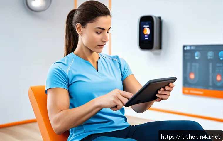 물리치료 실무에서 사용하는 장비 - A modern physiotherapy clinic in Italy featuring a patient wearing smart wearable sensors on limbs a...