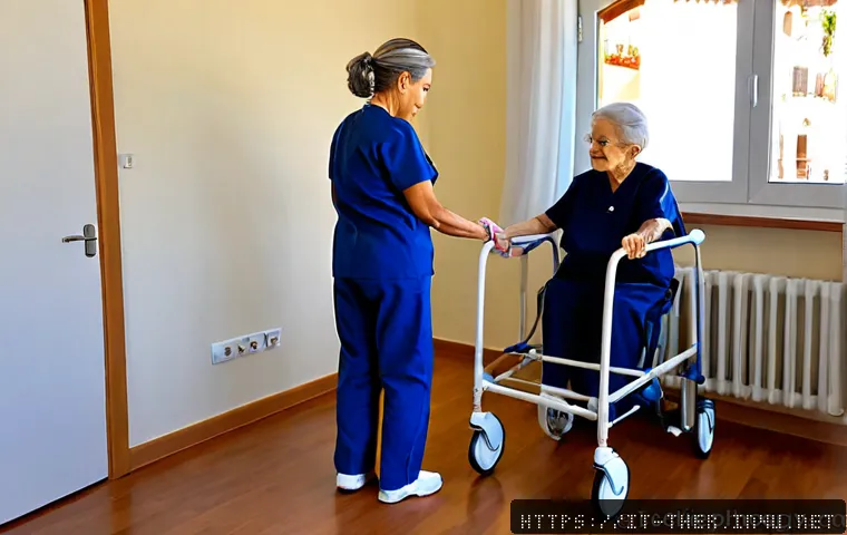 물리치료사와 요양원 근무 - Photorealistic Italian nursing home rehabilitation room, compassionate physical therapist in clean n...
