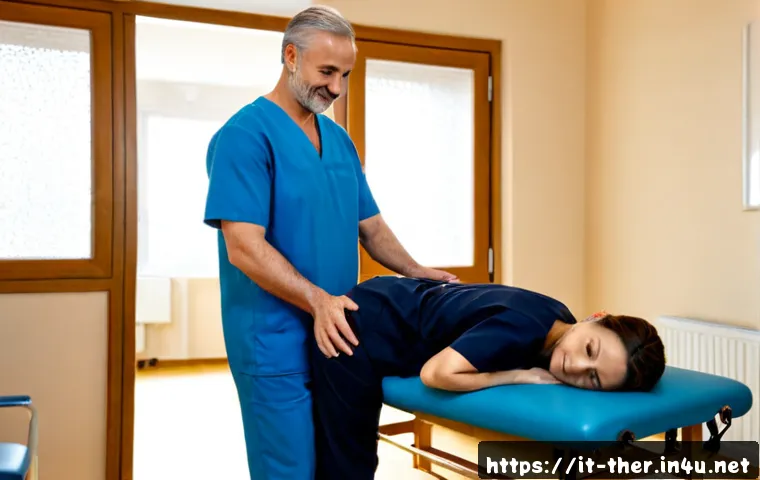 Home 17 물리치료사의 도수치료 성공 사례 - Photorealistic Italian physiotherapy clinic, compassionate licensed physical therapist in clean prof...