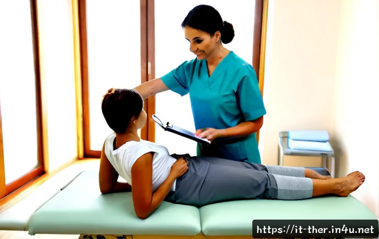 물리치료사의 환자 모니터링 기술 - Photorealistic Italian physiotherapy clinic, attentive physical therapist in clean professional atti...