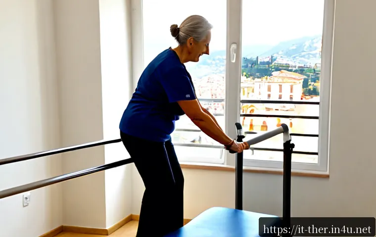 물리치료사의 고령화 사회 대응 전략 - Photorealistic Italian physiotherapy clinic, compassionate middle-aged physical therapist guiding an...